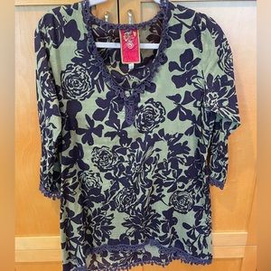 Johnny Was eggplant green printed top